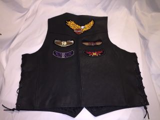 Vintage Rare Mens Size 58 Xxxl Black Leather Vest With Harley Davidson Patches