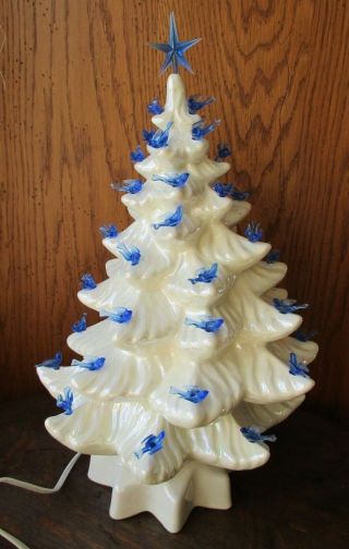 Vtg 3 Pc Ceramic Atlantic Mold Christmas Tree 16 " White Pearl W/ Blue Birds