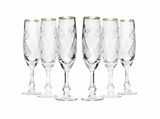 Set Of 6 Neman Glassworks,  6 - Oz Gold Rim Vintage Russian Crystal Champagne Flute