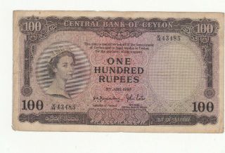 100 Rupees Fine Banknote From British Ceylon 1952 Pick - 53 Rare
