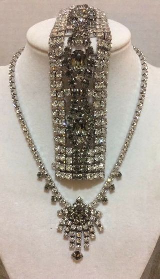 Vintage Clear & Smoky Rhinestone Necklace Bracelet Set Signed Cinderella Jewels