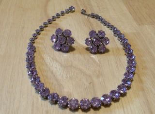Vintage 16.  5 " Weiss Necklace & Earrings Set Large Lavender / Lilac Rhineston