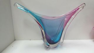 Vintage Murano Art Glass Blue Pink Cased Glass Bowl
