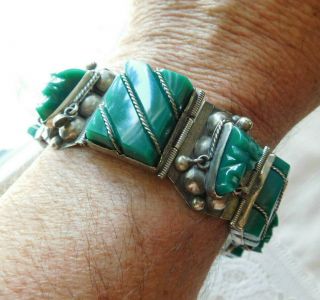 Vtg Taxco Mexico Sterling Silver Carved Green Onyx Mask Bracelet 7.  5 " 77 Grams