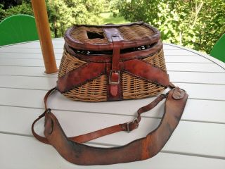Vintage Wicker Fishing Creel W/ Leather Straps