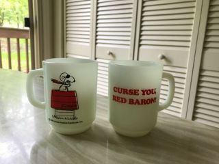 2 Vtg 1965 Snoopy " Curse You,  Red Baron " Anchor Hocking Glass Coffee Mugs