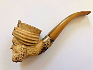 Antique Vintage Block Meerschaum Pipe Hand Carved Bearded Man With Hat See Descr