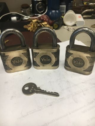 3 Vintage Old Large Heavy Brass Yale Padlock Lock With 1 Yale Key Great