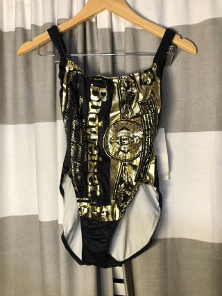 Vintage 90s Nwt Womens Budweiser One Piece Black Gold Swimsuit Size 7/8 Rare