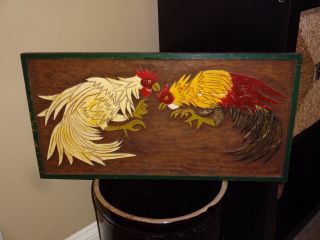 Vintage Mid - Century Hand Carved Wood Folk Art - Roosters - Kitsch