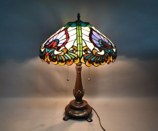 Vintage Tiffany Style Table Lamp Footed Double Bulb Pull Chain Electric