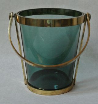 Vintage Mid Century Modern Peacock Blue Glass And Brass Metal Ice Bucket