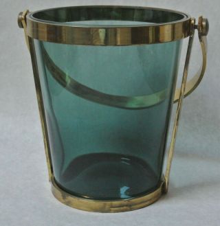 Vintage Mid Century Modern Peacock Blue Glass and Brass Metal Ice Bucket 2