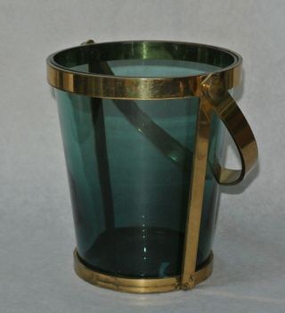 Vintage Mid Century Modern Peacock Blue Glass and Brass Metal Ice Bucket 3