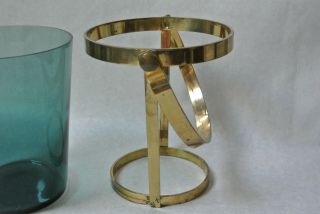 Vintage Mid Century Modern Peacock Blue Glass and Brass Metal Ice Bucket 6