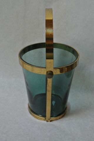 Vintage Mid Century Modern Peacock Blue Glass and Brass Metal Ice Bucket 8