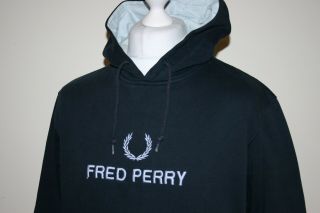 Fred Perry Navy Blue Big Spellout Embro Hoodie Sweater M/l Rare Vintage Mod Top