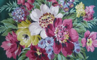 Vtg Green Pink Floral Barkcloth Material Fabric Almost 3 Yards 103 " X 47 " 1940s