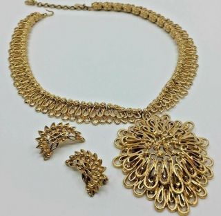 Vintage Monet Gold Tone Statement Necklace & Earrings Mid Century Textured