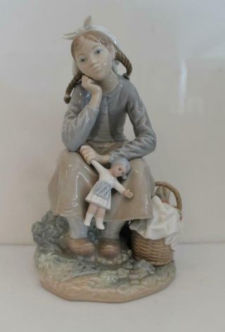 Vintage Lladro Girl With Doll & Basket Porcelain Figurine N - 15 E Rare Retired