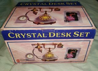 Columbia Crystal Desk Set 3 Piece Set Phone Picture Frame Clock Box Vintage
