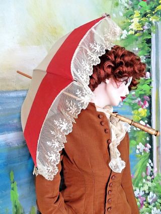 Antique Victorian Parasol Umbrella Carriage Doll Pram Linen Embroidered Lace