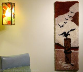 Mid - Century Shag Rug Vintage Wall Hanging Bay Seagulls Fishing Dock Retro 1970s