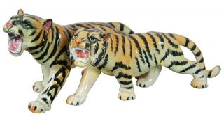 2 Large Vintage Ceramic Bengal Tiger Figurines Japan Porcelain Cats 11  Pair