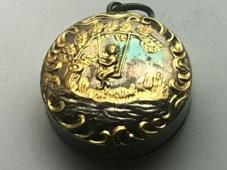 Victorian Gold Plated Sterling Repousse Snuff Box Pill Box Pendant Boy On Swing