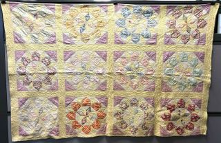 Vintage Handmade Quilt Flower Patchwork Cotton Yellows Purples Blues 72 X 50