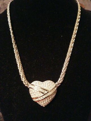 Vintage Christian Dior Silvertone Necklace W/ Pave Ice Rhinestone Heart Pendant