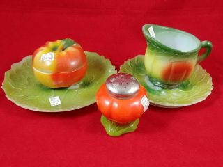 Vintage Tomato Vegetable Milk Glass Set Pitcher Bowl Plates Salt Shaker 60