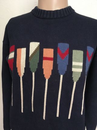 Vtg 90s Preppy Cotton Bay Paddle Graphic Sweater Navy Blue M/l Rowing Crew