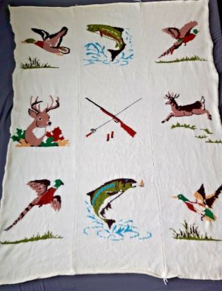 Vintage Handmade Knit Hunting Blanket Gun Mallard Deer Fish Pheasant Dog Cabin