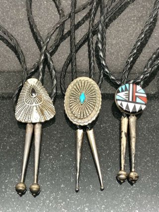 3 Vintage Navajo Bolo Ties Sc Sterling Silver W/ Turquoise Black Onyx Inlay Rare