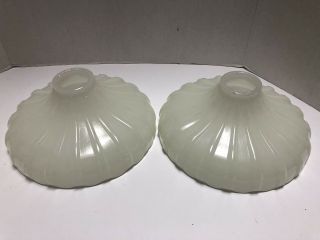 2 Vtg Thick Milk Glass Shades Antique Ribbed Scalloped Edges 9.  25”