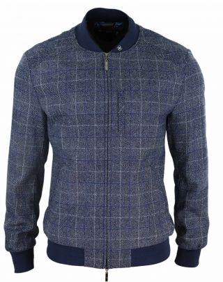 Mens Vintage Retro Harrington Tweed Blue Smart Casual Bomber Jacket Check Fit