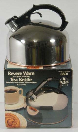 Vintage 1982 Revere Ware Stainless 3 - 1/2 Quart Whistling Tea Kettle Rome