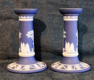 Vintage Wedgwood Jasperware Candlesticks Dark Blue 5 " Tall