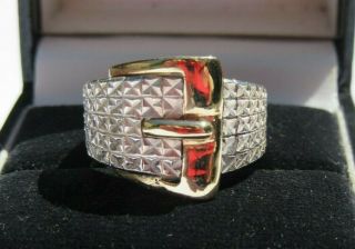 Vintage Solid 14k Gold & Sterling Silver Diamond Cut Wide Band Buckle Ring Uk N