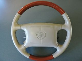 96 - 02 Cadillac Eldorado Steering Wheel Rare Leather & Wood Woodgrain Shale Oem