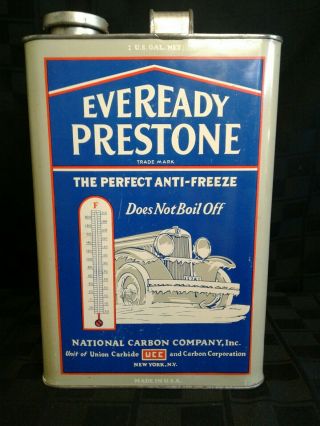 Vintage Eveready Prestone Anti - Freeze 1ga.  Tin Can W/ Orig.  Lid - Usa