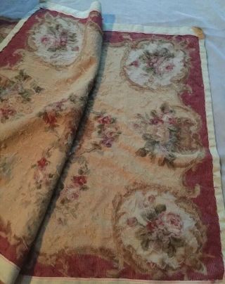 Vintage Needlepoint Tapestry Chair Bench Cover Tan & Red Flower Floral 57 X 35 5