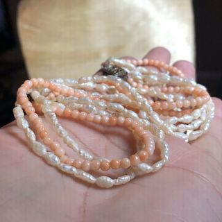 Vtg Fine Natural Blush Pink Coral Beaded Necklace Seed Pearl 925 Silver 4