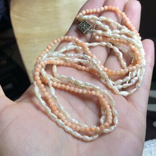 Vtg Fine Natural Blush Pink Coral Beaded Necklace Seed Pearl 925 Silver 5