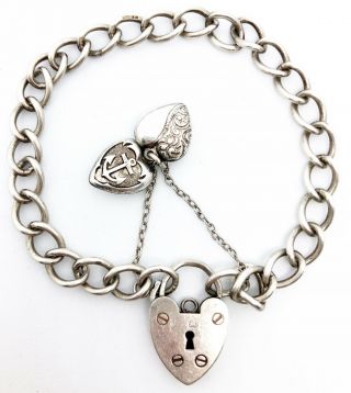 Antique Sterling Heart Lock Bracelet With 2 Puffy Heart Charms Hallmarked 13g 7”
