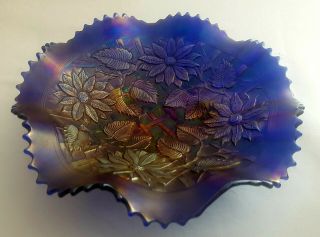 Vintage Carnival Glass Fenton Indiana Iridescent Blue Footed Bowl