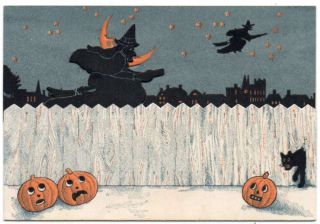 Halloween Greetings Party Invitation Fold Out Witch Pumpkins Vintage Jg236785