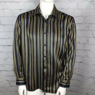 Gianni Viera Mens M Medium 100 Silk Shirt Black Gold Blue Striped Made In Italy