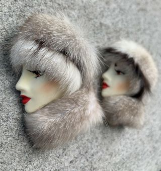 2 Rare Vintage Mink Porcelain Lady Face Head Pins Brooch Fur Hat Collar